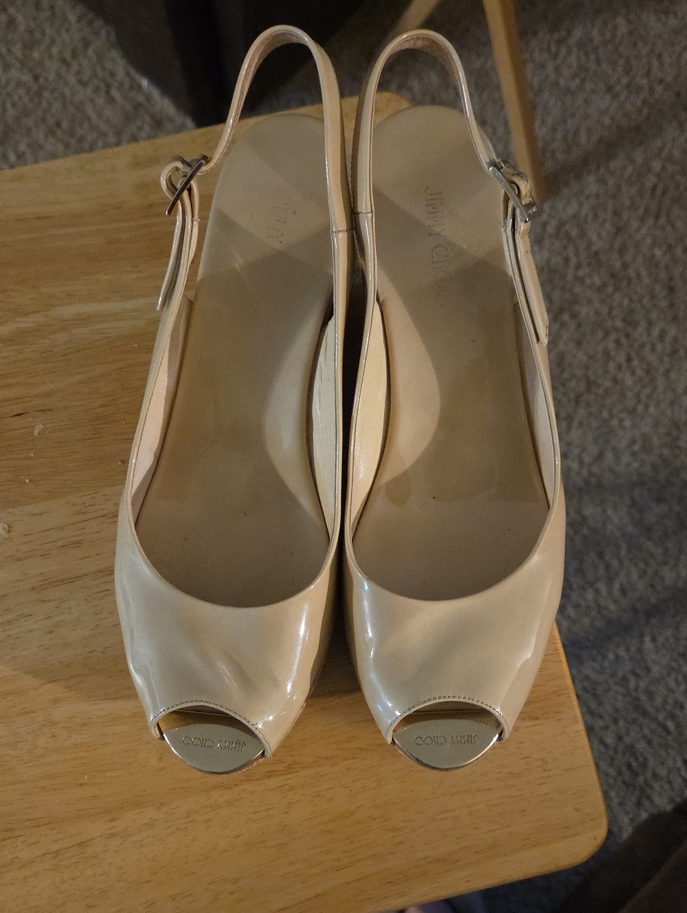 Jimmy Choo Beige Patent Peep-Toe Slingback Heels